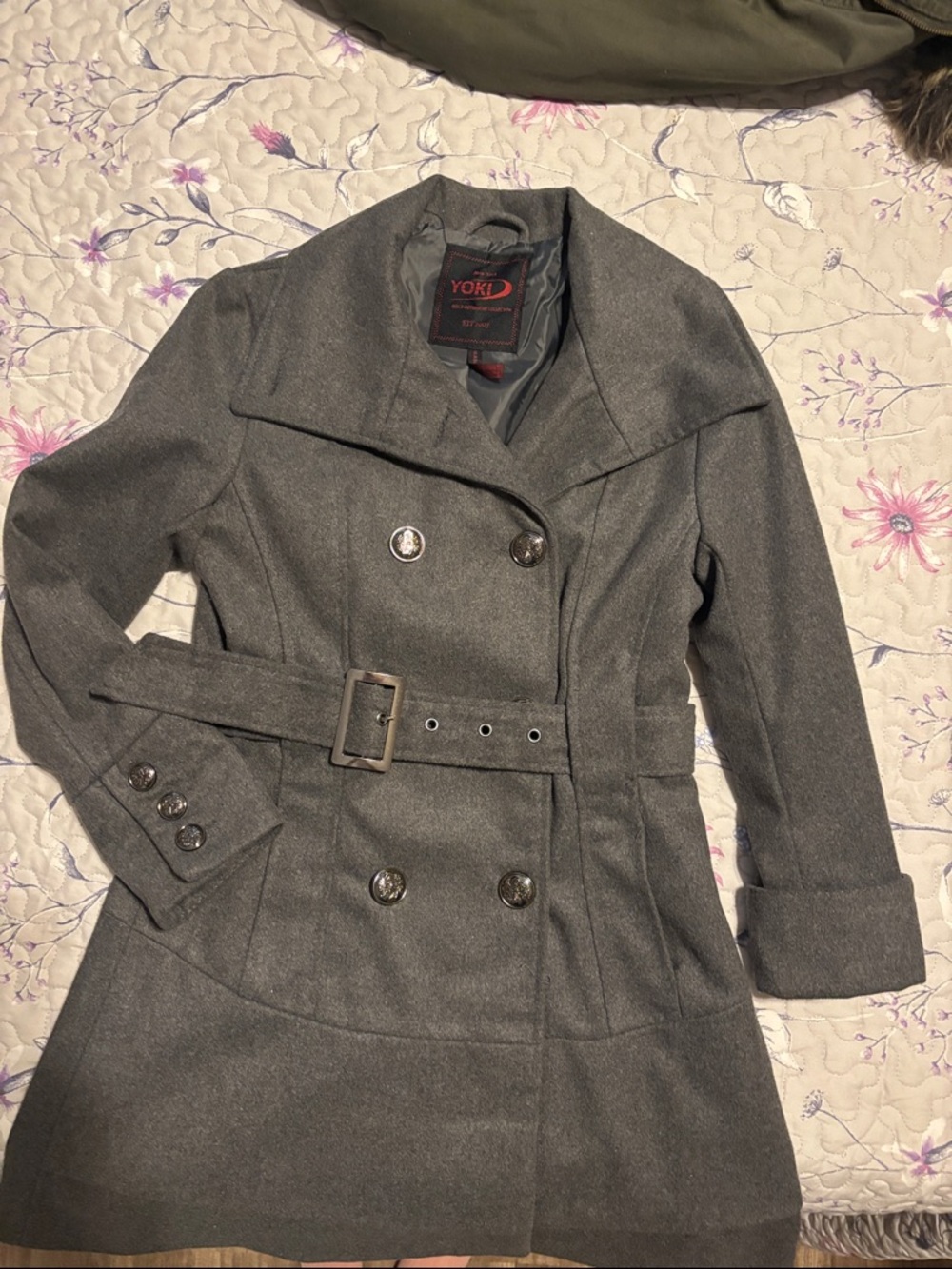 Yoki Gray Double-Breasted Belted Peacoat